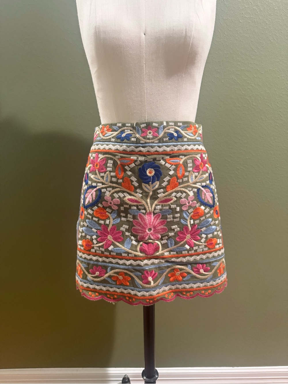Embroidered Floral Mini Skirt in Gray with Pink & Blue Accents